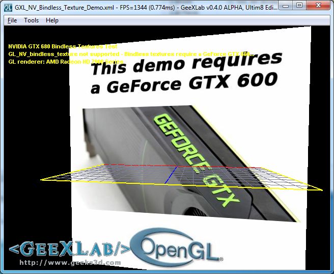 NVIDIA Bindless texture demo on Radeon card, GeeXLab