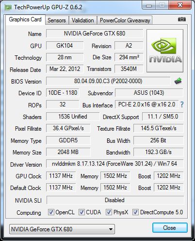 ASUS GeForce GTX 680 DirectCU II TOP, GPU-Z