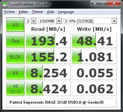 Patriot Supersonic RAGE 32GB USB 3.0 Flash Drive - CrystalDiskMark test