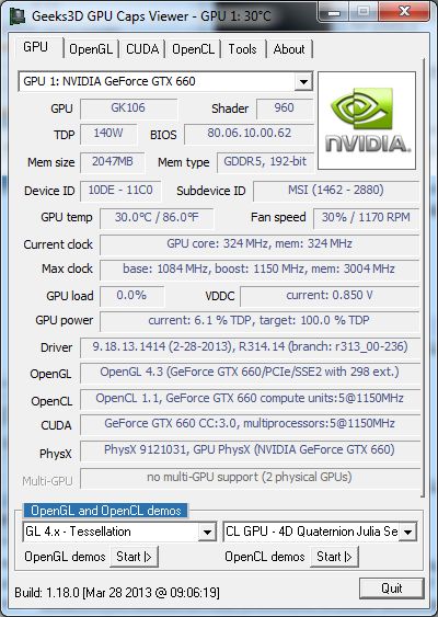 GPU Caps Viewer 1.18.0 + GeForce GTX 660