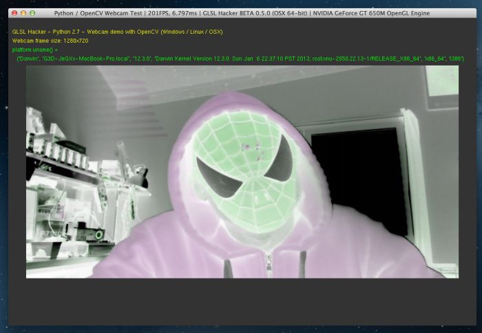 GLSL Hacker - Python 2.7 - OpenCV webcam test under Mac OSX