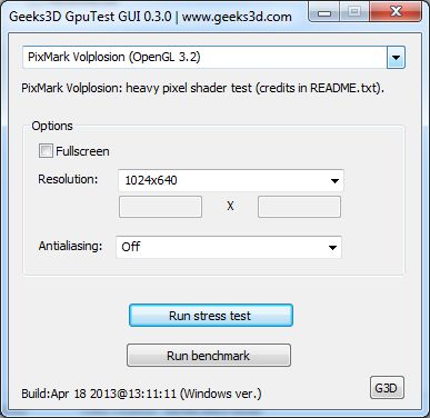 GpuTest 0.3.0 user's interface under Windows