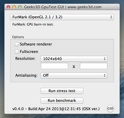 GpuTest 0.4.0 user's interface under Mac OS X
