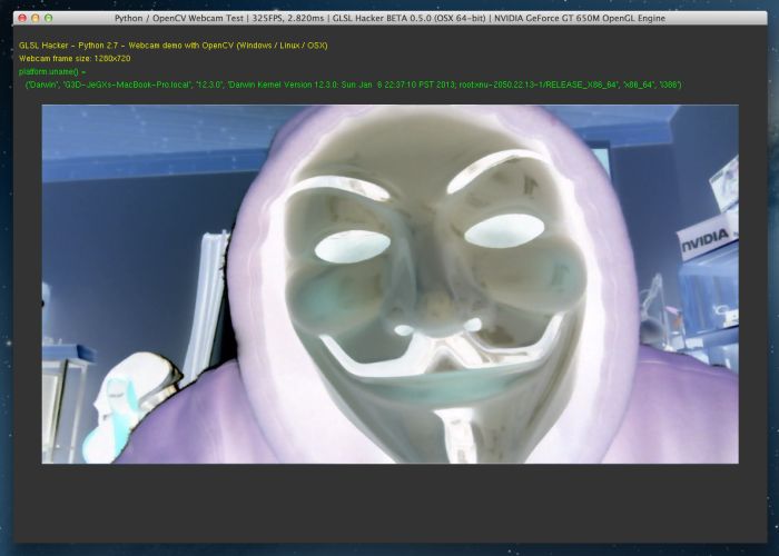 GLSL Hacker - Python + OpenCV + webcam test under OS X