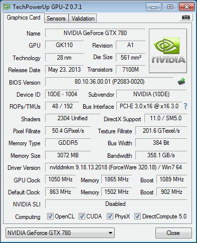 NVIDIA GeForce GTX 780, GPU-Z