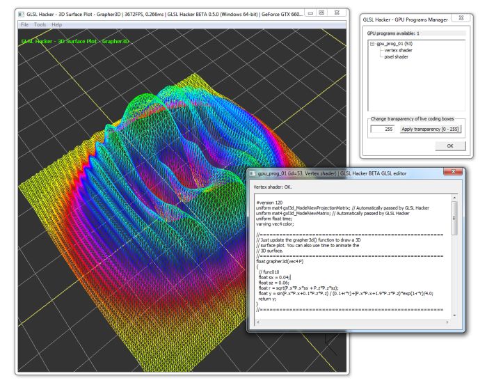 GLSL Hacker, Live coding of 3D surfaces plots