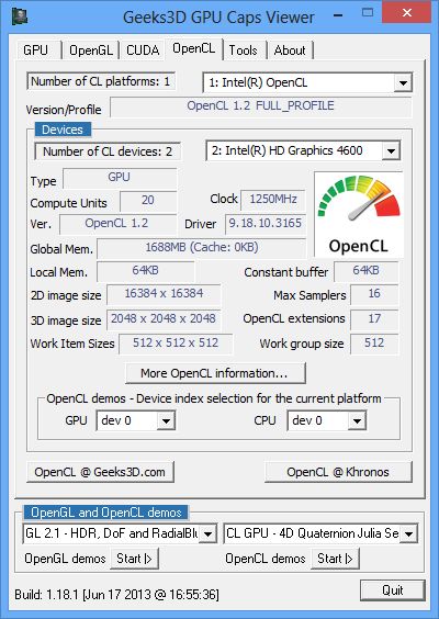 GPU Caps Viewer 1.18.1, Intel Haswell GPUs