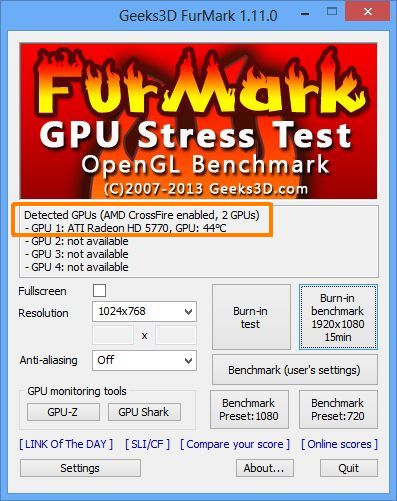 FurMark 1.11.0, AMD CrossFire status 