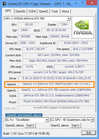 NVIDIA R326.29, OpenGL 4.4 driver, GPU Caps Viewer