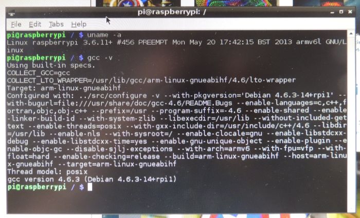 Raspberry Pi Model B, Raspbian Linux kernel and GCC versions
