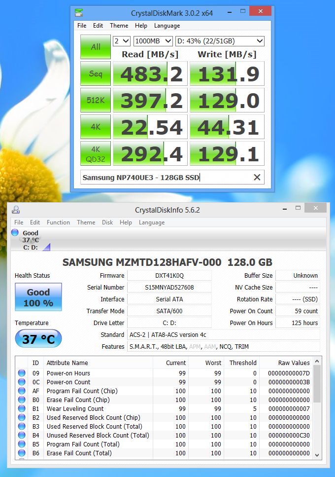 SAMSUNG Ultraboo NP740UE3 - 128GB SSD test with CrystalDiskMark