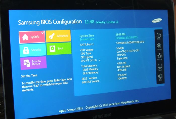 Samsung Ultrabook NP740U3E, BIOS menu