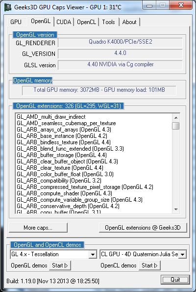 GPU Caps Viewer 1.19.0, NVIDIA Quadro K4000 OpenGL extensions