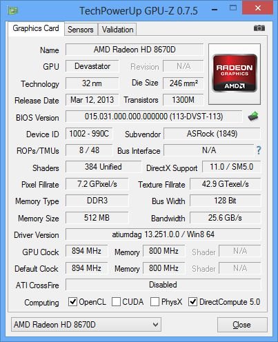 GPU-Z 0.7.5, AMD A10-6800K, Radeon HD 8670D