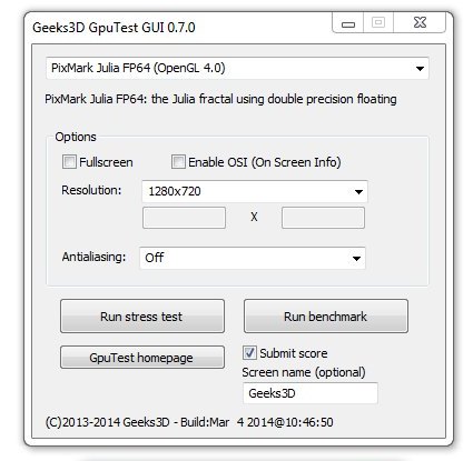 GpuTest 0.7.0, Windows GUI