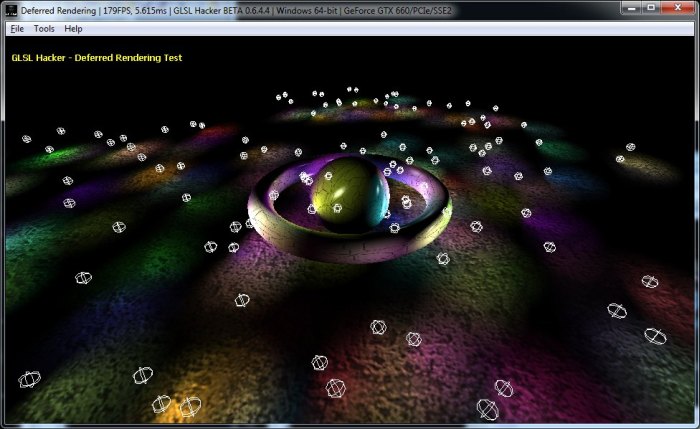 GLSL Hacker - Deferred rendering test with 200 lights