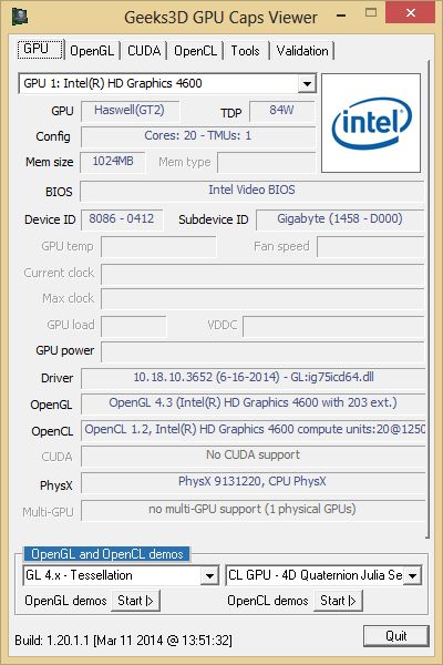 GPU Caps Viewer - Intel v3652 driver with OpenGL 4.3