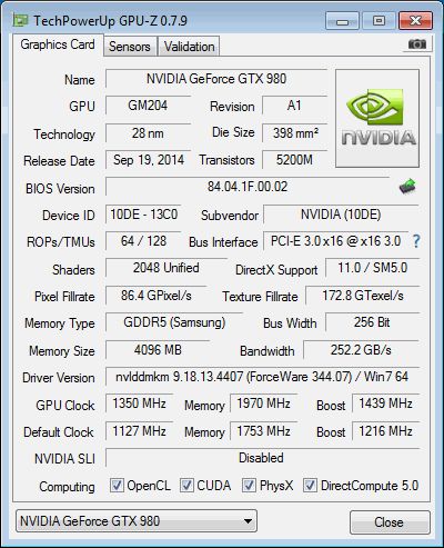 NVIDIA GeForce GTX 980, GPU-Z