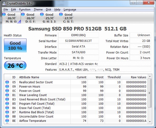 Samsung SSD 850 PRO 512GB - Crystal Disk Info