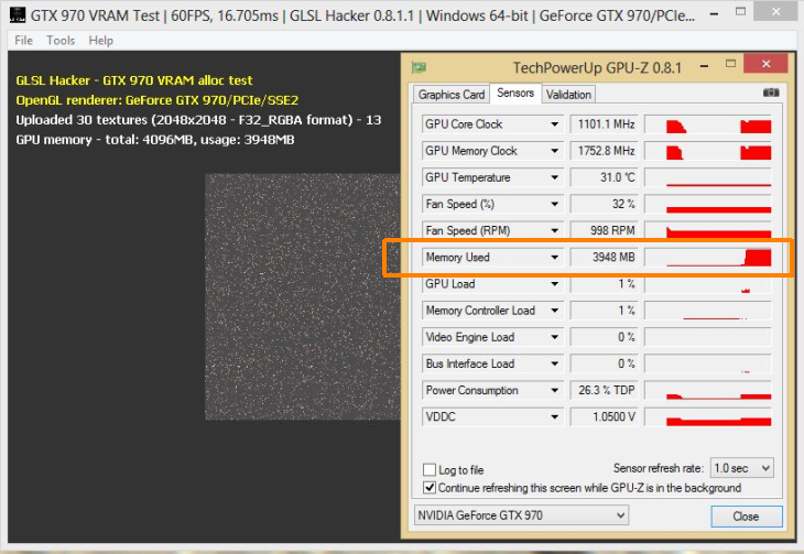 GeForce GTX 970 VRAM allocation test in OpenGL