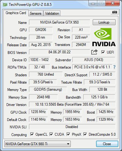 NVIDIA GeForce GTX 950 - GPU-Z