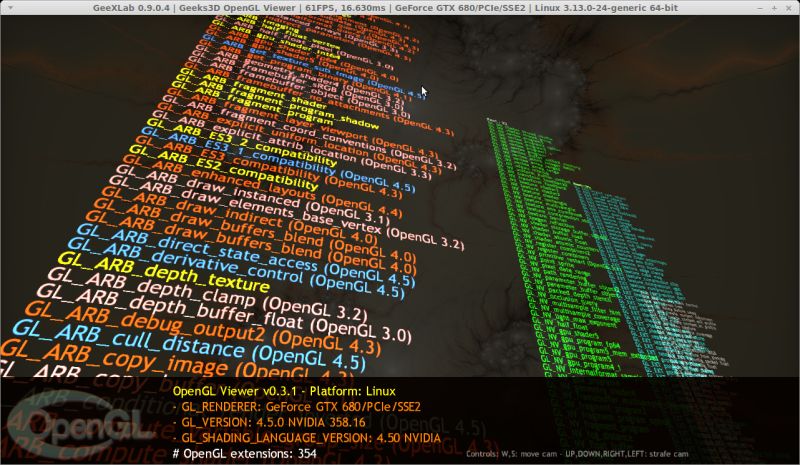 GeeXLab OpenGL extensions viewer - Linux - GTX 680