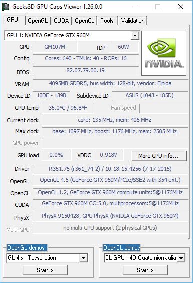NVIDIA R361.75 + GeForce GTX 960M + GPU Caps Viewer
