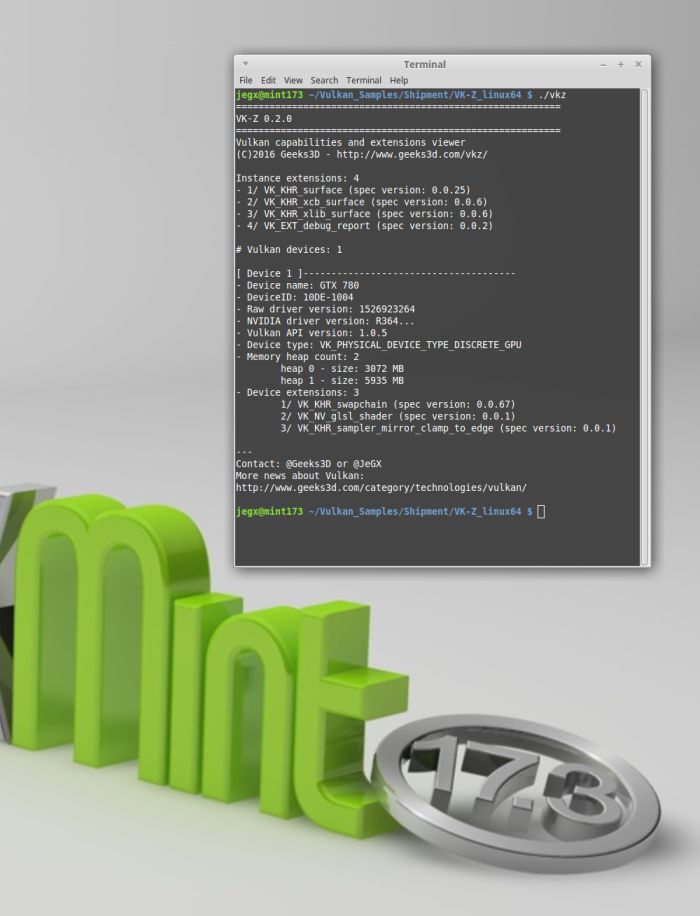 VK-Z on Linux Mint 17.3 - Vulkan API information