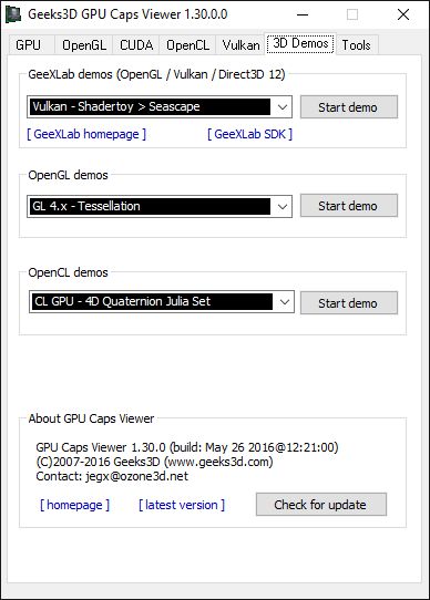 GPU Caps Viewer - 3D Demos panel - OpenGL, OpenCL and Vulkan demos