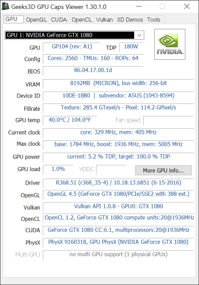 ASUS ROG Strix GeForce GTX 1080 OC 8GB GDDR5X - GPU Caps Viewer