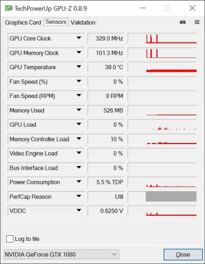 ASUS ROG Strix GeForce GTX 1080 OC 8GB GDDR5X - GPU-Z hardware sensors