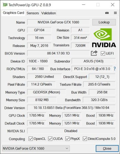 ASUS ROG Strix GeForce GTX 1080 OC 8GB GDDR5X - GPU-Z